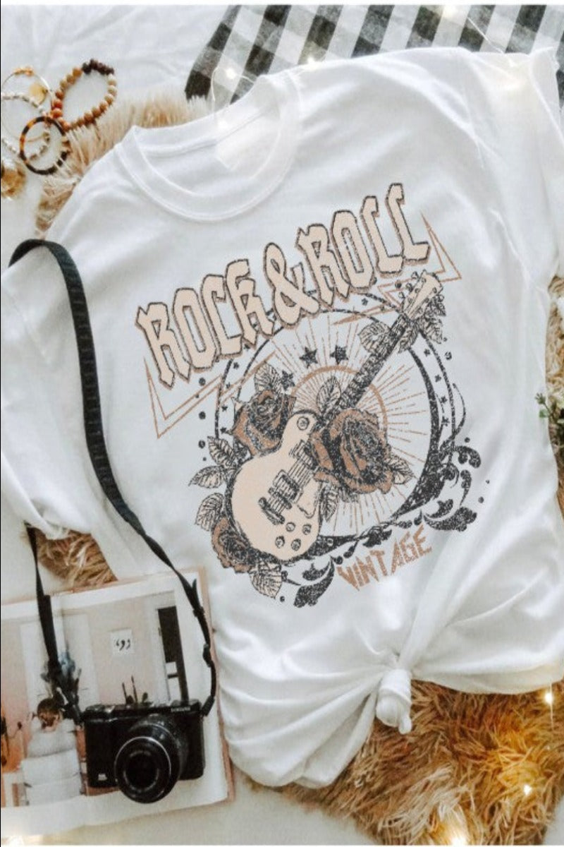 Women's Vintage Rock &amp; Roll Graphic Tee in white (flat explorer)