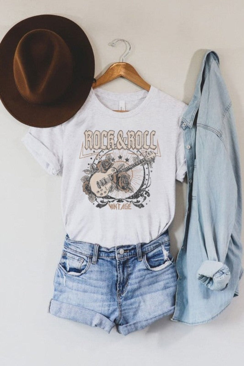 Women's Vintage Rock &amp; Roll Graphic Tee in white (front hanging)