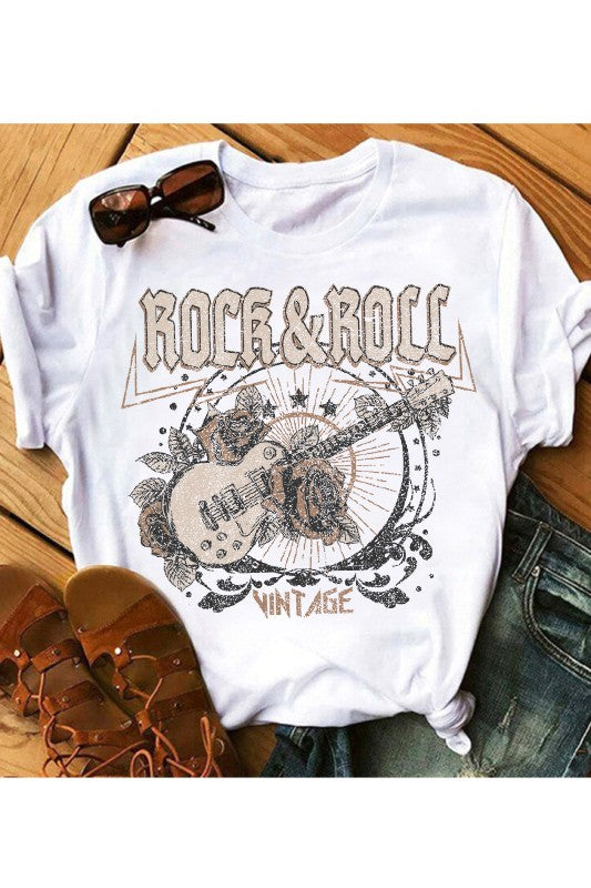 Women's Vintage Rock &amp; Roll Graphic Tee in white (flat front sunny)