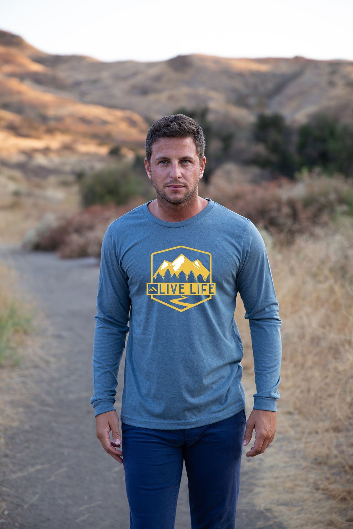 Golden Badge Long Sleeve Graphic Tee Shirt (front untucked view)